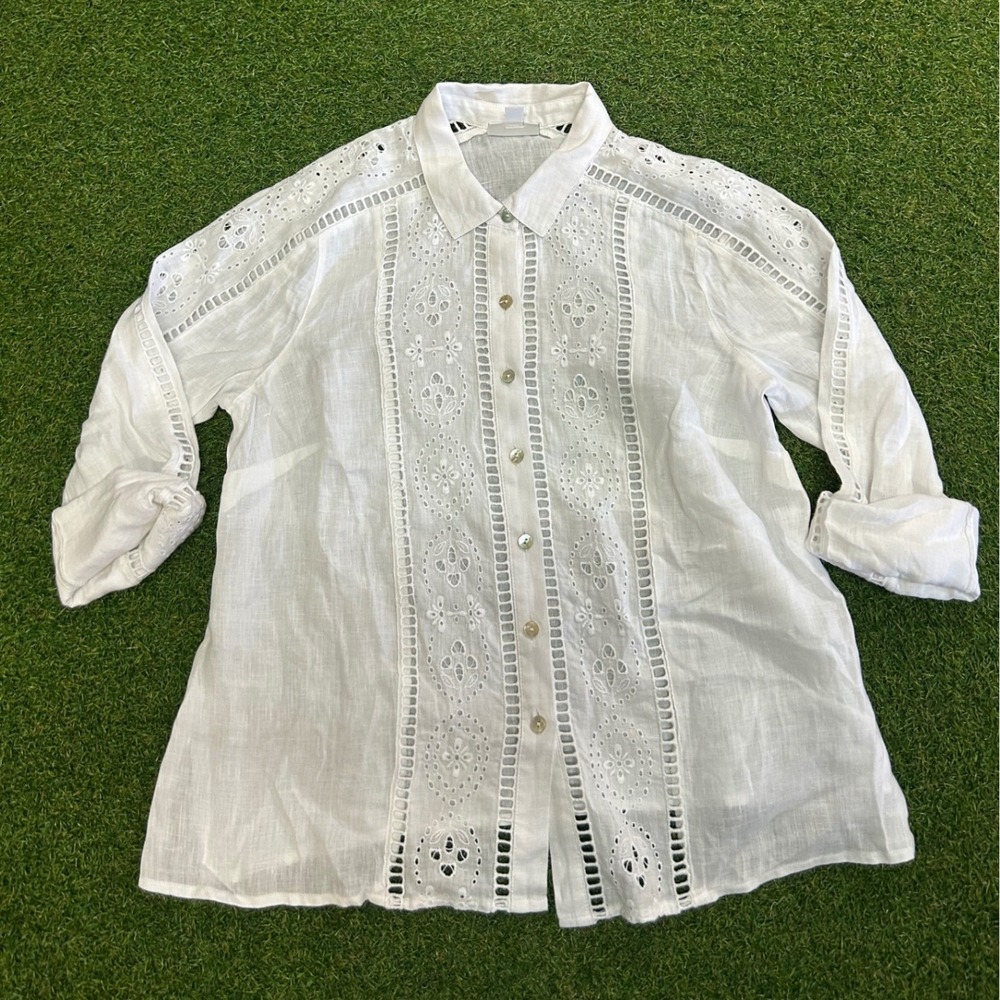 J. Jill Love Linen White Eyelet Lace Button Front Shirt Petite Small